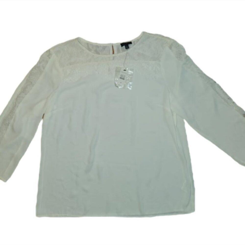Talbots Lace Top and Sleeve Inset Silky Blouse Cream || Med NWT